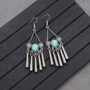 Bohemian Vintage Style Faux Turquoise & Silver Tassel Long Dangle Earrings